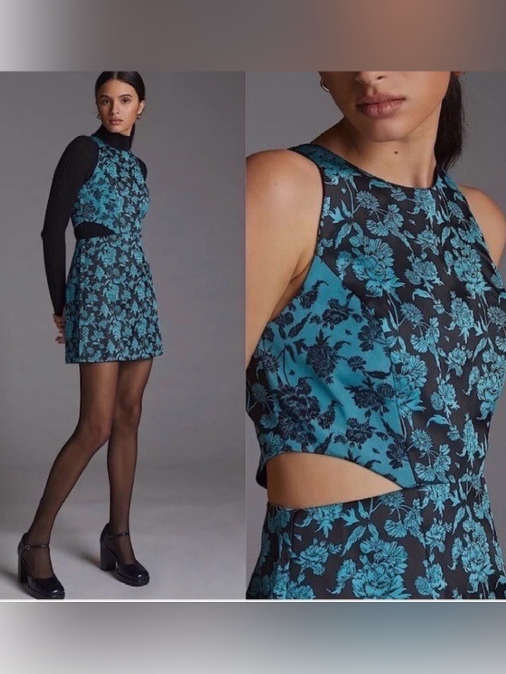 Anthropology Hutch teal floral jacquard cut out mini dress